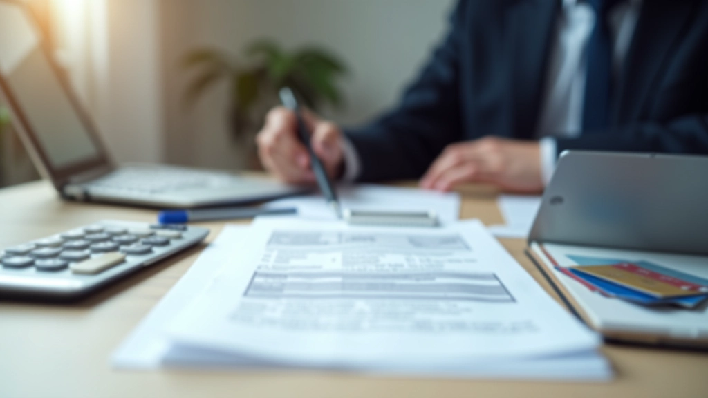 Stůl s bankovními kartami, dokumenty a kalkulačkou pro porovnání stavebních spořitelen