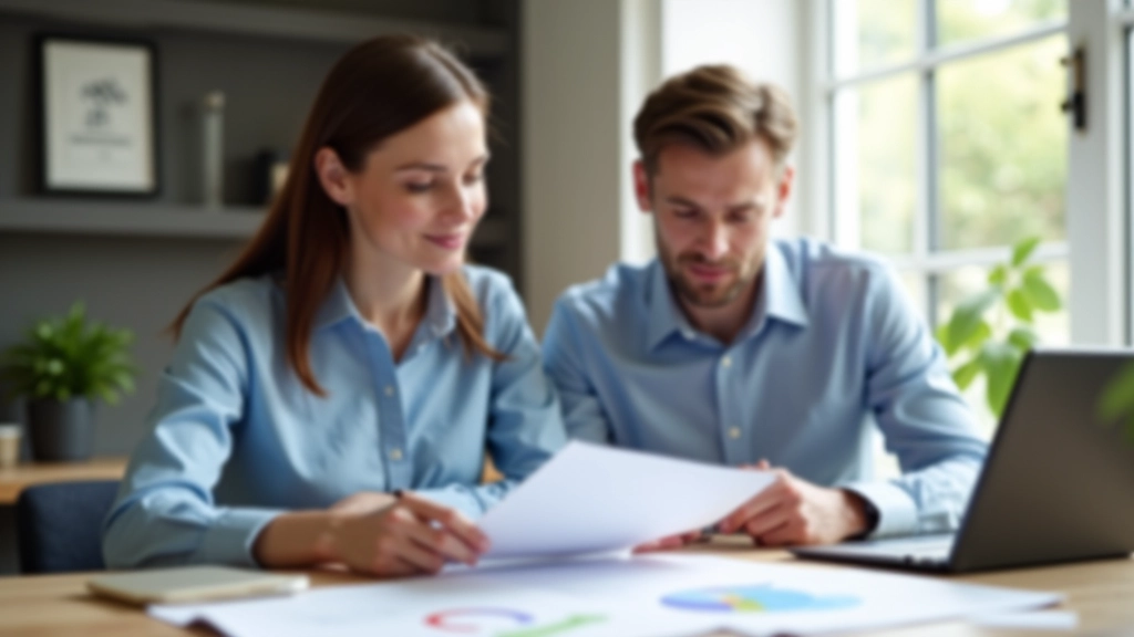 Muž a žena sedí u stolu s notebookem a dokumenty týkajícími se hypotéky a finančního plánování