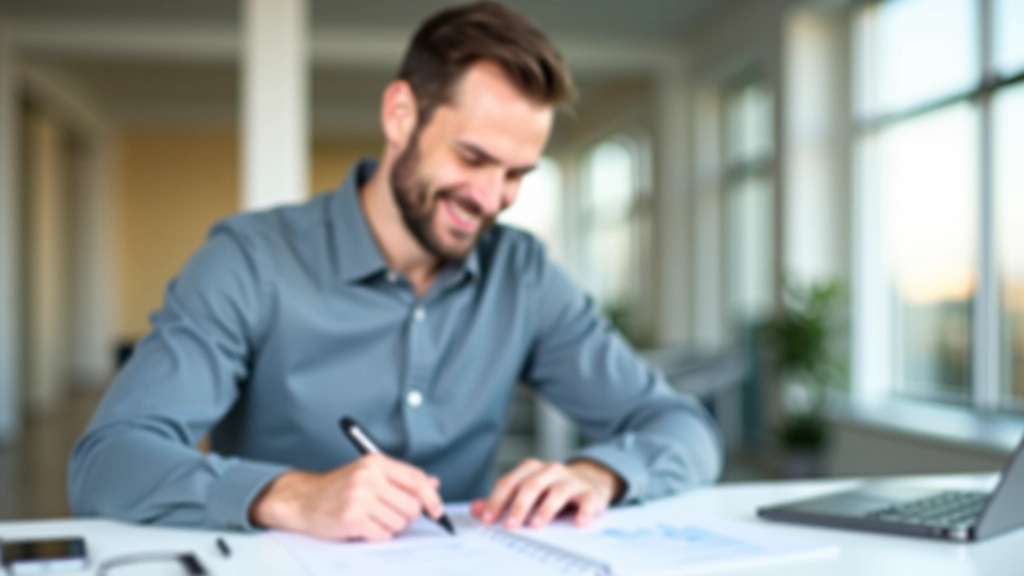 Usměvavá osoba sedící u stolu s finančním plánem a cíly na papíře