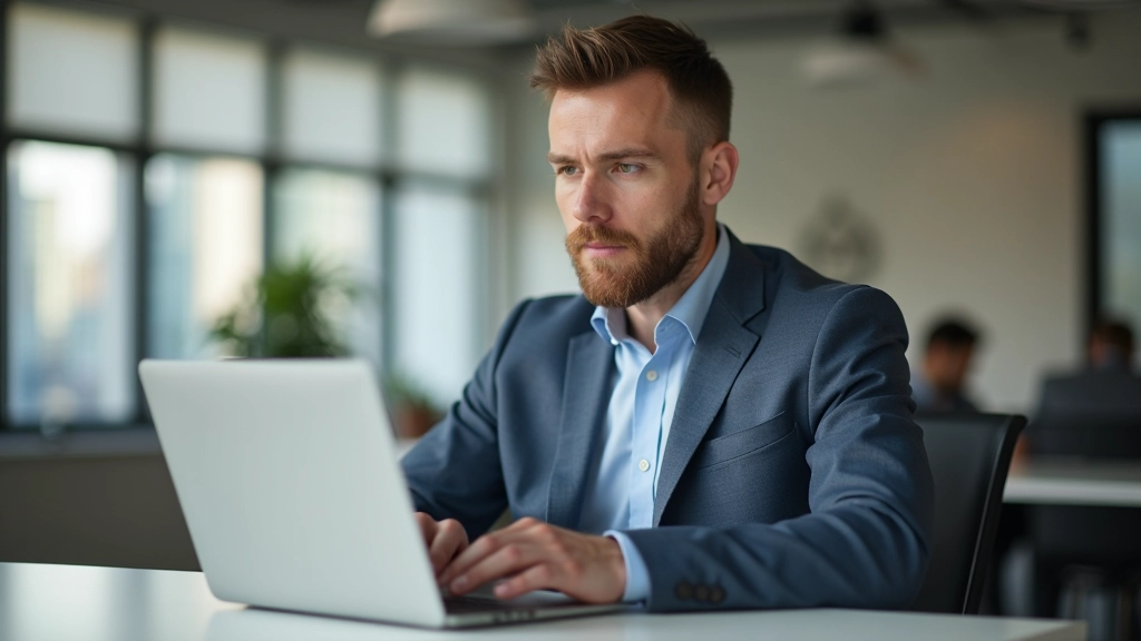 Muž v kancelářském prostředí pracuje na přenosném počítači s grafy a tabulkami stavebního spoření